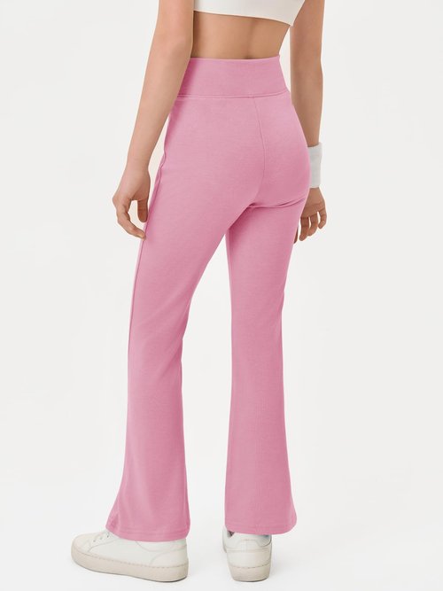 Haloumoning Girls Crossover High Waisted Flare Pants Kids Bootcut Leggings Full Length Bell Bottoms 5-14 Years Pink