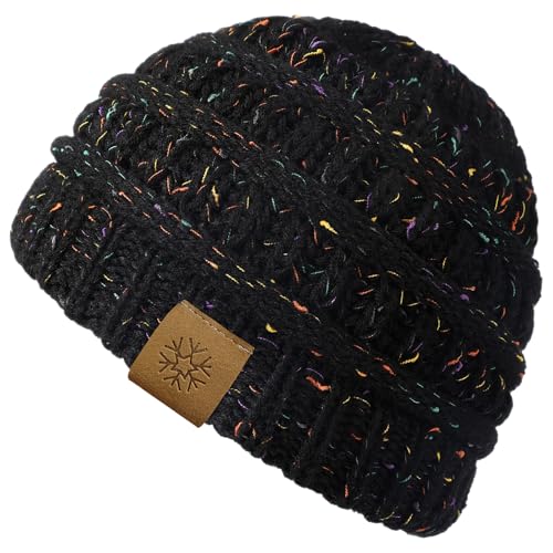 Beanie Hat and Touchscreen Gloves Set - Fleece Lined Black Confetti