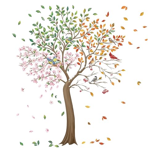 Colorful Flower Tree Wall Stickers, Removable DIY Romantic Cherry Blossom Tree Wall Murals Peel and Stick 3D Wall Art Stickers Home Decor for Girls Bedroom Nursery Rooms Living Room