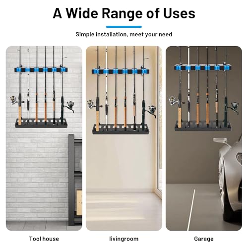 Fishing Rod Holder Wall Mount - 6-Rod Storage Rack, Vertical Blue