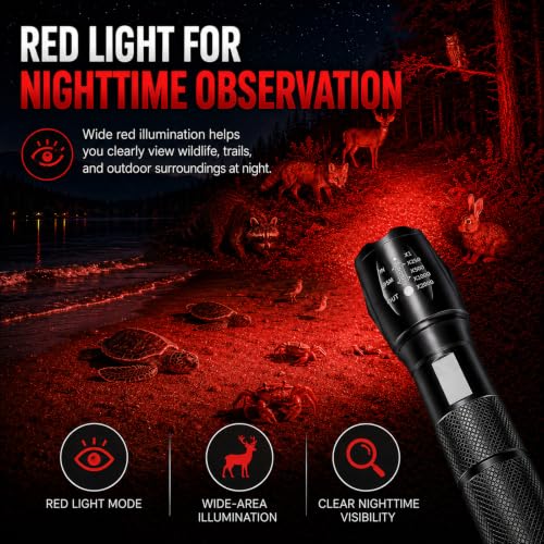 MVIOCS Red Rechargeable LED Flashlight with Zoom - 2000 Lumens, Water Resistant, Portable for Camping Hiking Emergency