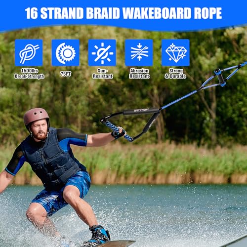 75FT Wakeboard Rope with Handle - Blue & Black, Floating Water Ski Rope