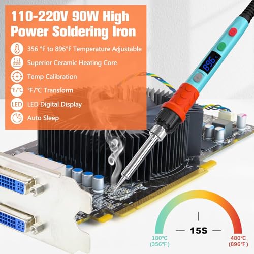 Soldering Iron Kit, 90W LED Digital Soldering Gun kit with Ceramic Heater, 110V Adjustable Temperature Solder Welding Iron Kits, Auto-sleep, Thermostatic Design, Blue