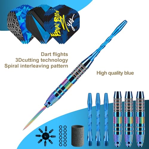 Trecynd Blue Metal Tip Darts Set with Aluminum Shafts & Extra Flights - 22g Professional Steel Tip Darts for Beginners & Pros