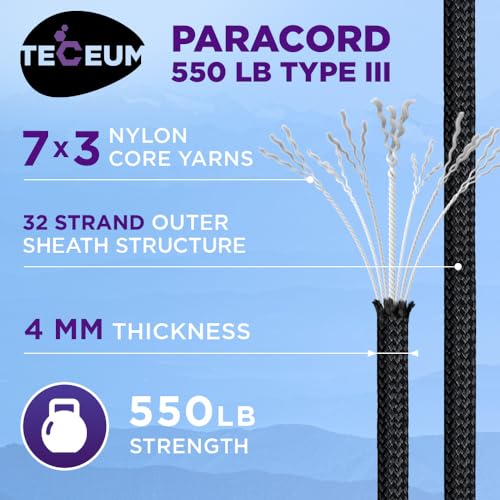 550 lb Reflective Paracord Rope - Black, 50 ft Utility Rope