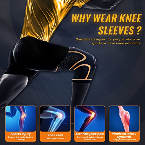 Copper Knee Brace Compression Sleeve for Pain Relief - 2 Pack, Large
