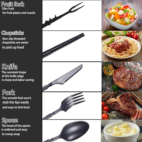 Wheat Straw Travel Utensils Set - Reusable Eco-Friendly Camping Cutlery - Black
