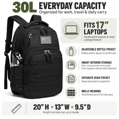 Wotony 20 inch Military Tactical Backpack 30L with MOLLE System Black for Men