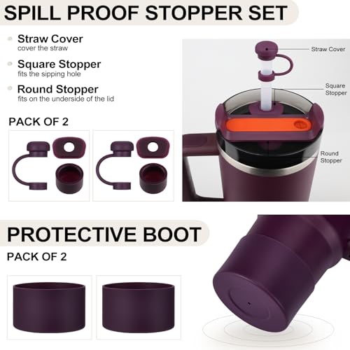 Stanley Cup Accessories Set - 8pcs Spill Proof Stopper & Boot - Plum