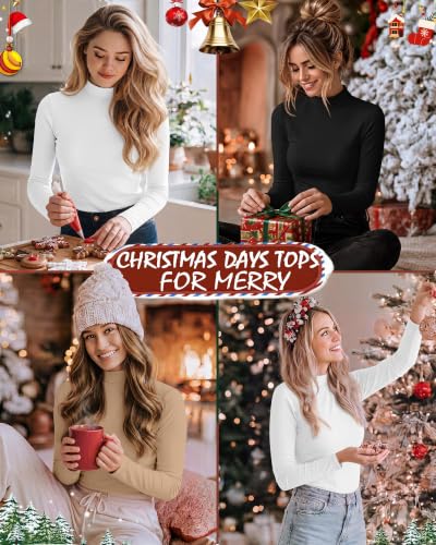 Ficerd 3-Pack Women Mock Turtleneck Tops, Long Sleeve XS-XXL (X-Large) Black White Mocha