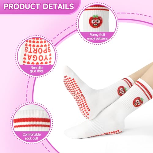 Non-Slip Pilates Socks for Women - Cute Fruit Pattern, 5 Pairs - Red, Purple, Yellow, Orange, Green