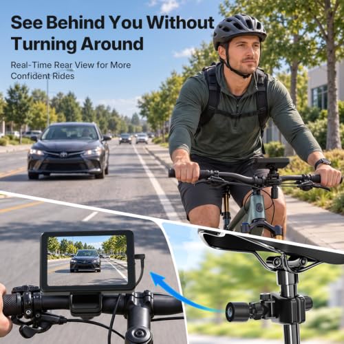 FEISIKE Bike Mirror Camera with 4.3'' Display, 145° Wide-Angle, 3X Zoom, Night Vision – Rear View Monitor for Cycling