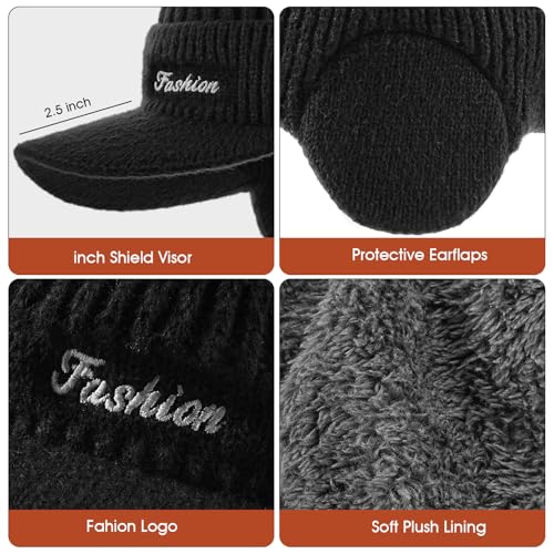 Winter Beanie Hat with Brim & Ear Flaps - Fleece Lined Black
