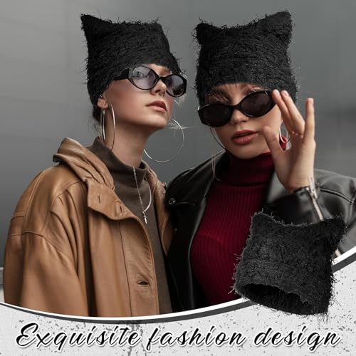 Distressed Knitted Cat Ear Beanie Hat - Black