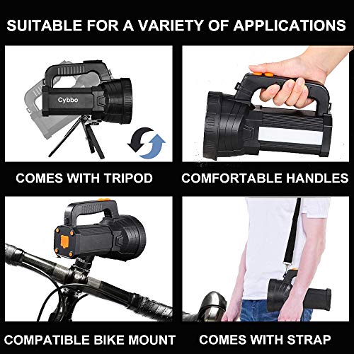 Super Bright LED Spotlight Rechargeable Flashlight 10000 Lumen Handheld Spotlight 10000mAh Long Lasting Torchlight Searchlight Flood Fishing Hiking Camping Flashlight USB Output with Tripod