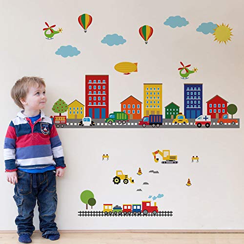 Runtoo Construction Transports Wall Decals Car Train Plane Kids Wall Stickers Bedroom Boys Nursery Home D?cor