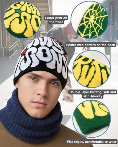 Y2K Letter Graphic Beanie - Soft Warm Knitted Winter Hat - White/Black