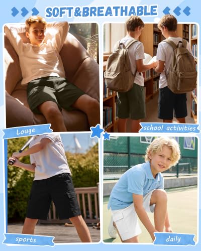 Kids Boys Cargo Shorts 3 Pack - School Uniform Summer Pants, Size 10-11 Years, Olive Green, White, Black