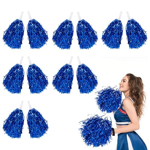 Cheerleading Pom Poms - 12 Pack Metallic Blue Pompoms with Handle