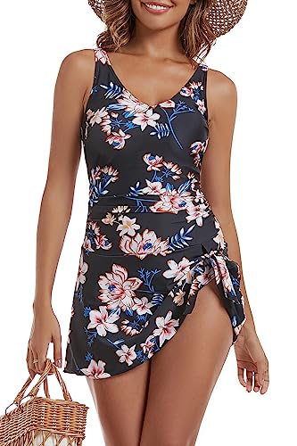 Aidonger Women's Black Floral Print Tummy Control V-Neck One-Piece Swimsuit Small