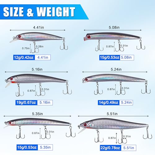 Silanon Saltwater Fishing Lures Kit – 6 Minnow/Plugs/Popper/Jerkbait