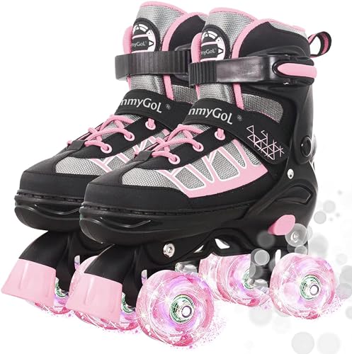 MammyGol Adjustable Kids Roller Skates Pink Small 9C-12C with Light-Up Wheels