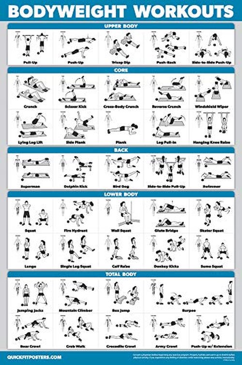 Palace Learning 4 Pack - Dumbbell Workouts + Bodyweight Workouts + Stretching Exercises + Pilates - Set of 4 Workout Charts (18” x 24”, LAMINATED)