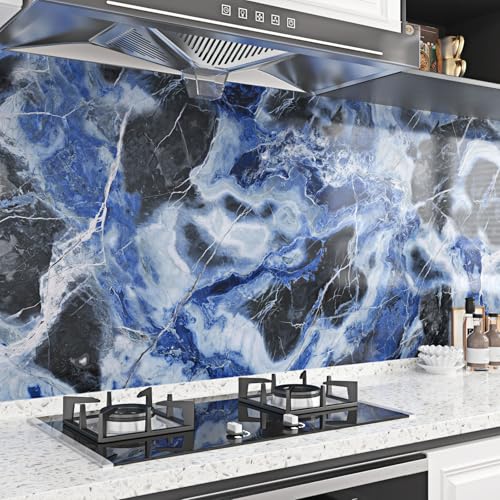 WESTICK Blue Glossy Marble Contact Paper for Countertops Self Adhesive Marble Counter Top Peel and Stick Waterproof Blue Granite Contact Paper for Kitchen Backsplash Table Desk Vinyl 15.8"x80"