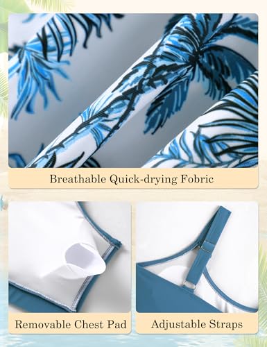 Girls 2-Piece Swimsuit Set - Adjustable Strap & High-Waisted Swim Skirt - Light Blue Palm Leaf Print, 7-8 Years