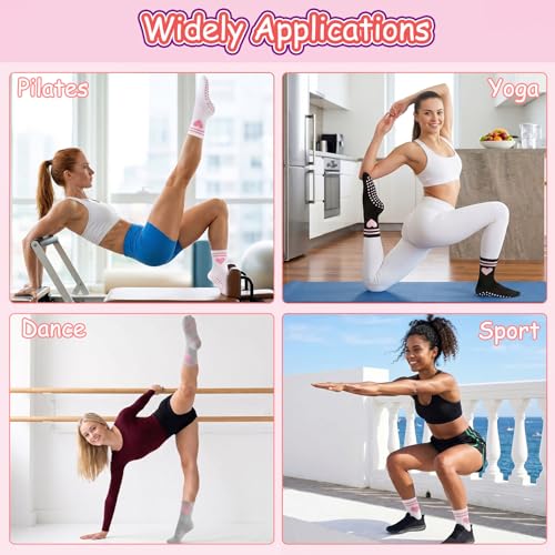 Non-Slip Pilates Yoga Socks for Women - Embroidered Lace Cuff - Black, White, Gray