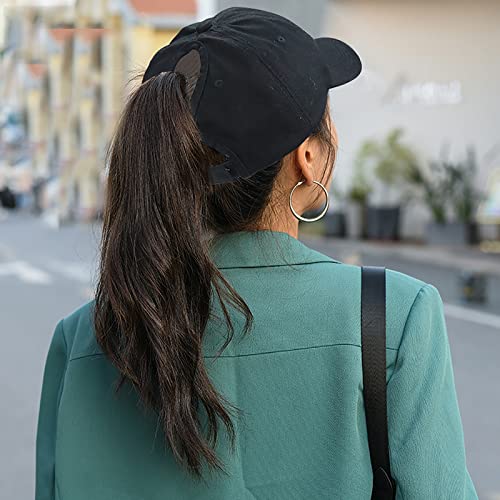 Distressed Ponytail Baseball Cap - Adjustable Cotton Hat - Black