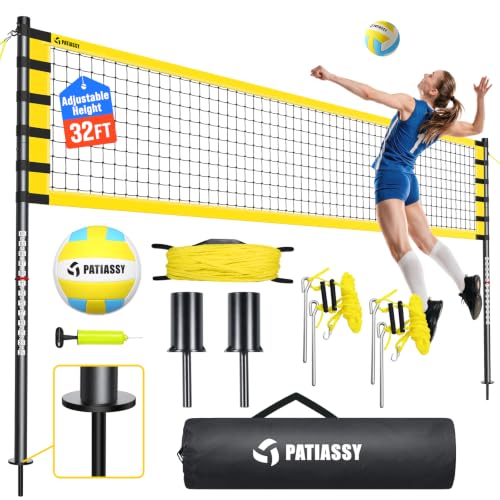 32FT Outdoor Volleyball Net Set - Anti-Sag with Steel Poles - A-Yellow
