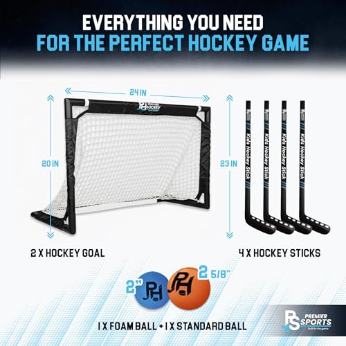 Kids Hockey Set - 4 Player Beginner Set with 4 Sticks & 2 Mini Goals