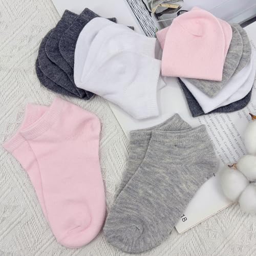 Low Cut Ankle Socks for Girls - 12 Pairs, Ages 10-15 - Gray, White, Light Pink