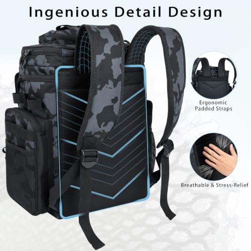 GiMiUiTo 55L Fishing Tackle Backpack with 4 Rod Holders Camouflage Black