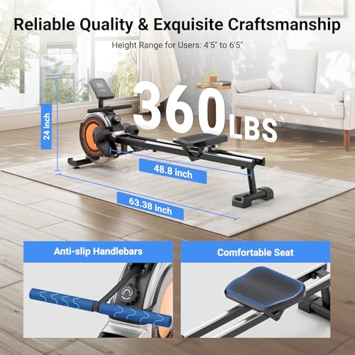 Magnetic Rowing Machine for Home - 16 Resistance Levels - Black/Orange