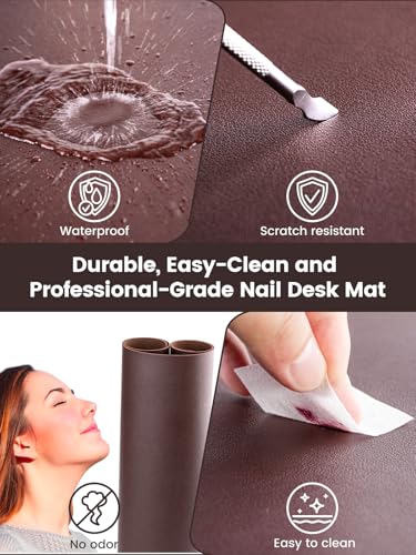 Beloving Foldable Nail Art Table Mat Dark Brown, Microfiber PU Leather Manicure Desk Pad