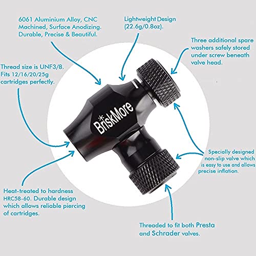 BriskMore CO2 Inflator Kit with 5 x 16g Cartridges for Bike Tires, Presta & Schrader Compatible