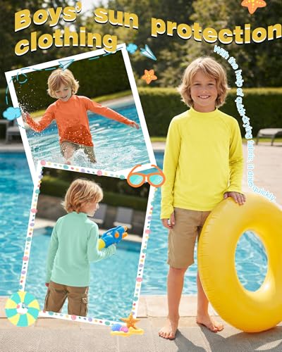 Boys Rash Guard Swim Shirt 3-Pack - 9-10 Years, Orange, Yellow, Green