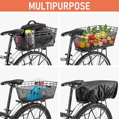 Large Rear Bike Basket with Waterproof Cover & Cargo Net