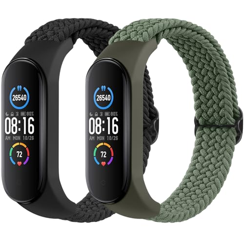 Nylon Bands for Xiaomi Mi Band 7/6/5/4/3 - 2 Pack Soft Braided Straps - Black & Green