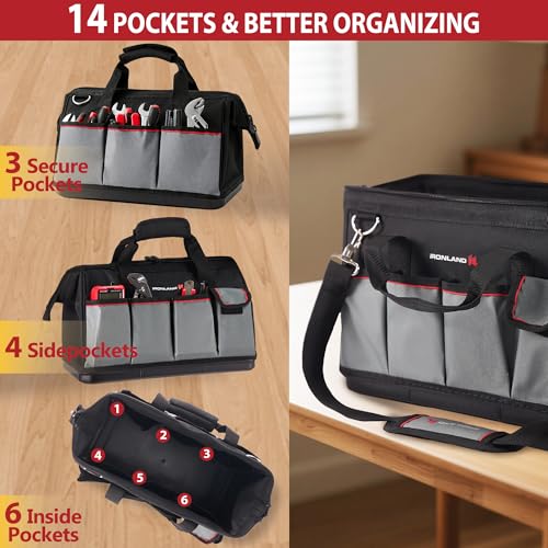 IRONLAND Tool Bag Organizer 16.5 Inch for men, Waterproof Heavy Duty ToolBag Organizer Storage, Tool box Organization, Soft Handle Large Zipper Carrying Toolbox, Dad Men Mechanic Birthday Gift