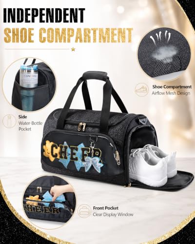 Glitter Cheer Duffle Bag with Shoe Compartment, Black