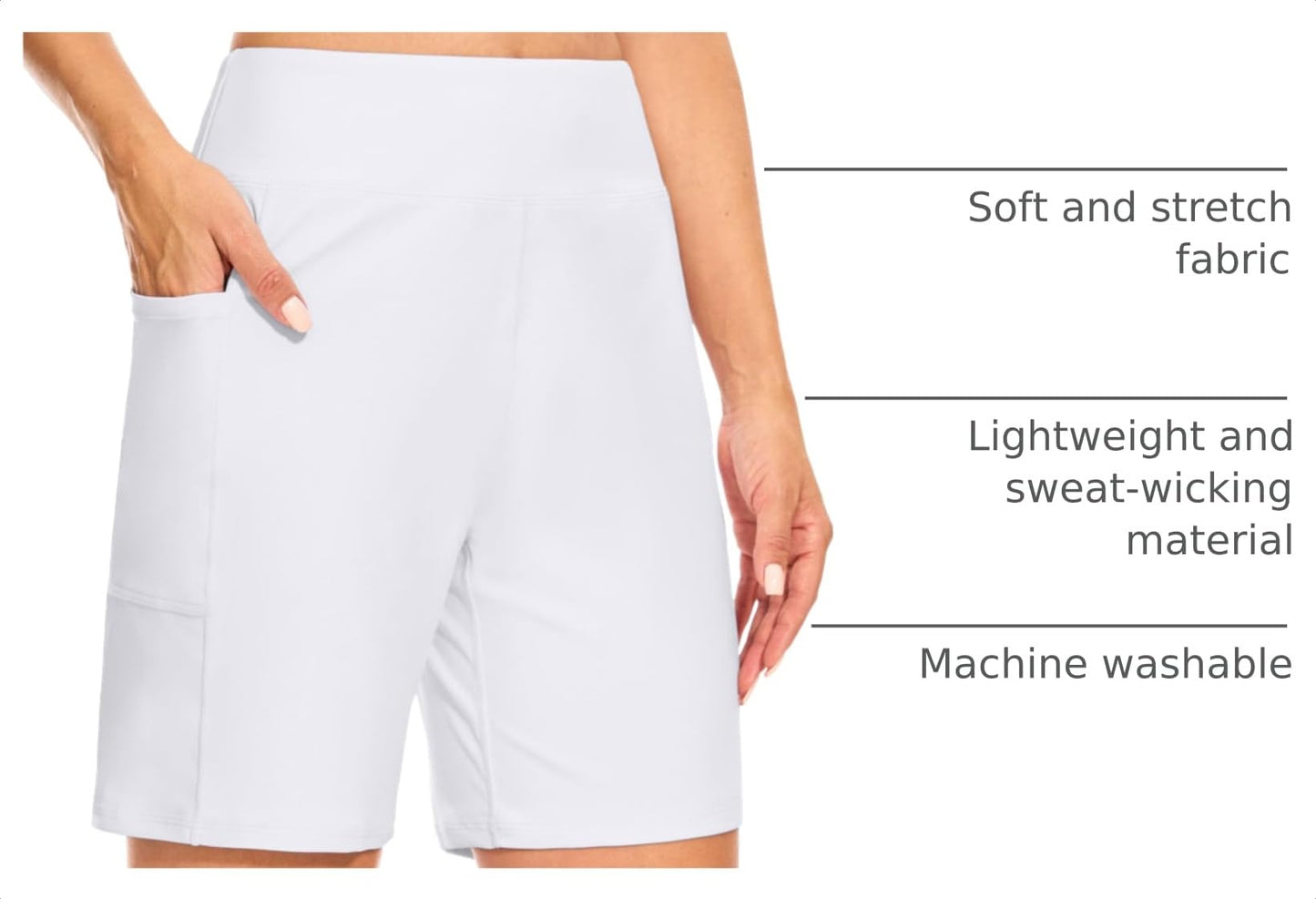 Blouty Women's 7" Bermuda Shorts with Pockets High Waisted Stretch Athletic Long Shorts for Women Workout Casual (White, Large)