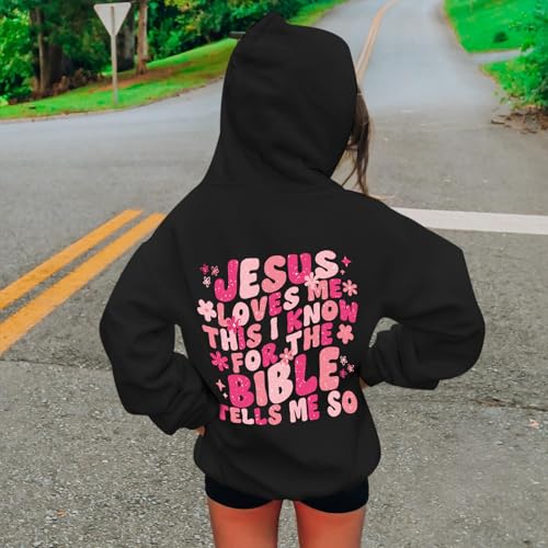 Girl's Christian Graphic Hoodie - God Jesus Loves Me - Black, 5-6 Years