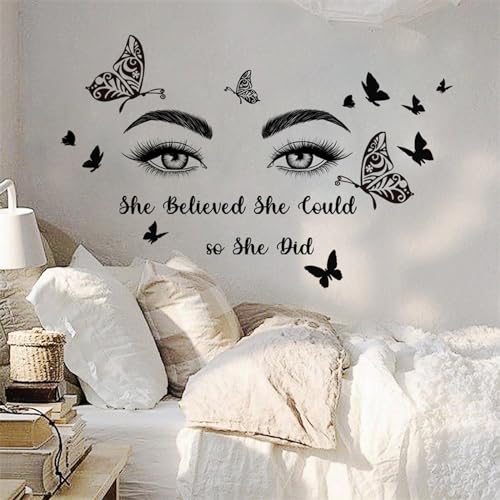 Black Eyelash Eyes Butterfly Wall Stickers, sacinora Inspirational Quotes Motivational Word DIY Wall Decals Removable Vinyl Peel and Stick for Women Girl Kids Living Room Bedroom Nursery Art Decor