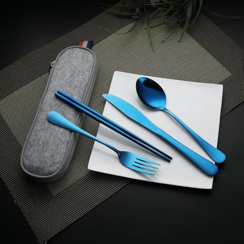 Travel Utensils Set - 5 Piece Portable Silverware with Case - Blue