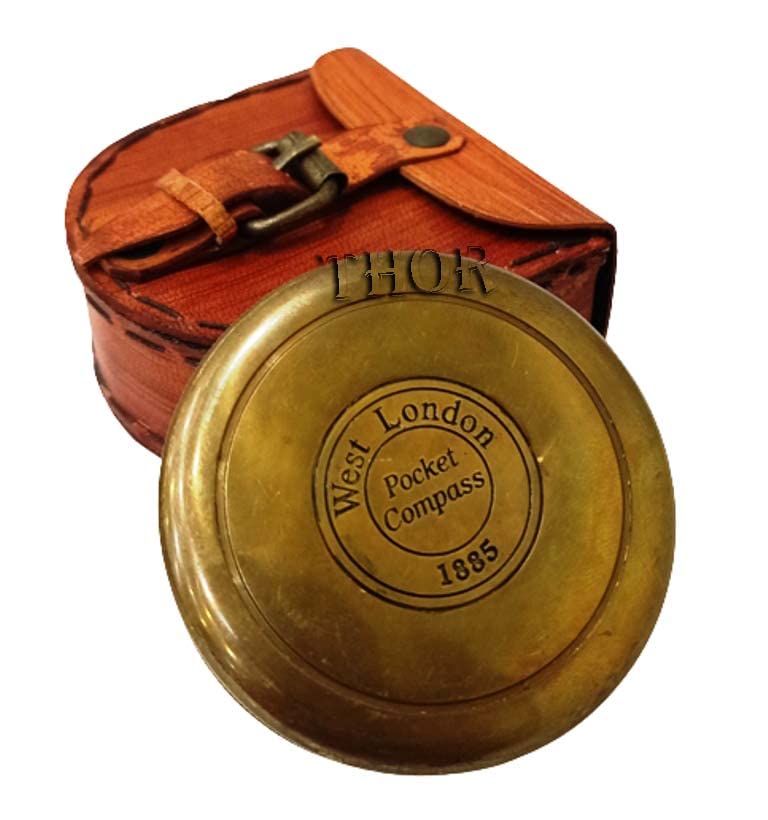 Vintage Brass Pocket Compass with Leather Case - 1 Count