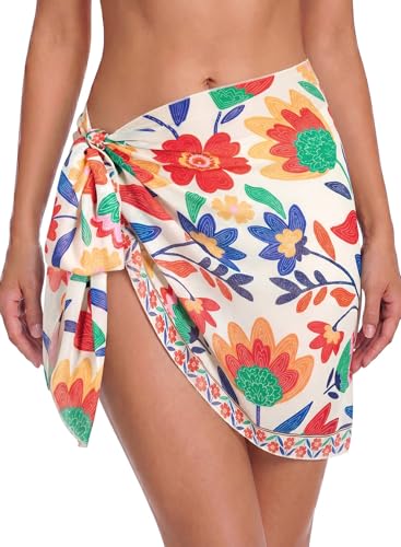 Womens Sheer Chiffon Swimsuit Coverup Sarong - Multicolor Floral Khaki