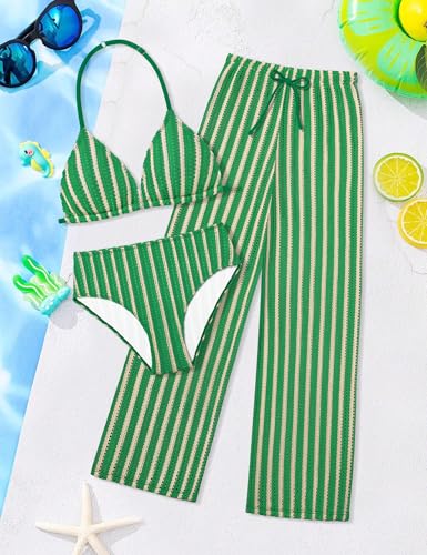 Girls V-Neck Halter Backless 3-Piece Bikini Set with Cover-Up - Green, 11-12 Years